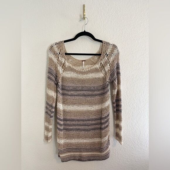 Free People Desert Moon Striped Pullover crochet Sweater in beige neutrals. S - Picture 4 of 10